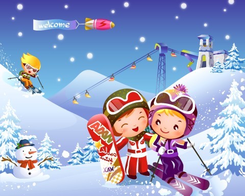 儿童冬日滑雪运动矢量素材