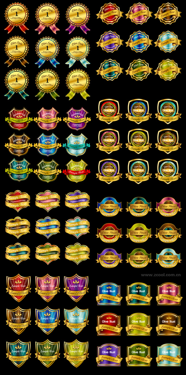 72个金色标签丝带奖章矢量素材