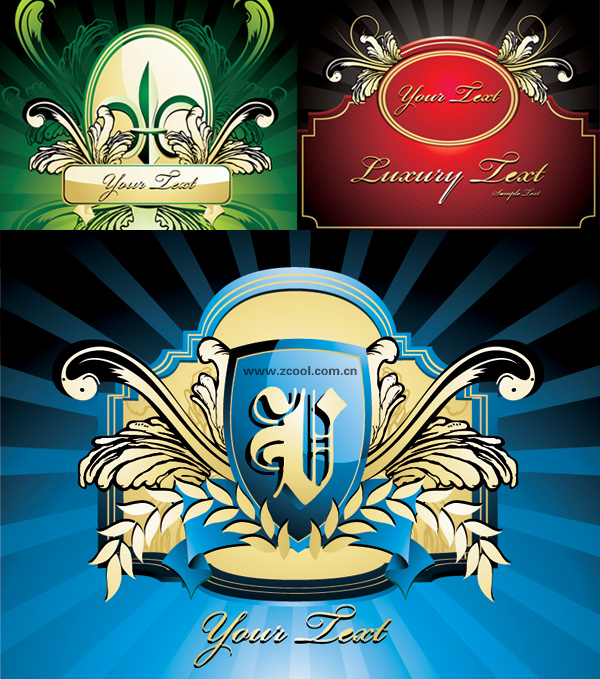 3款欧式花纹盾牌矢量素材