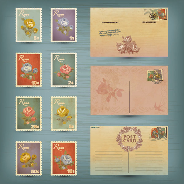 Vintage postcard stamps 02 - vector material