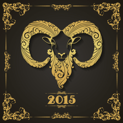 Retro golden goat head greeting cards vector material