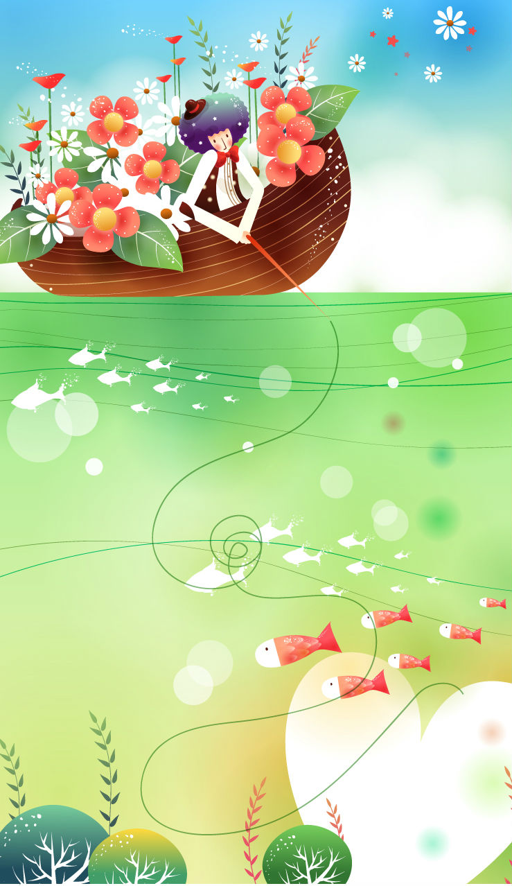 Fishing boat flower girl vector material