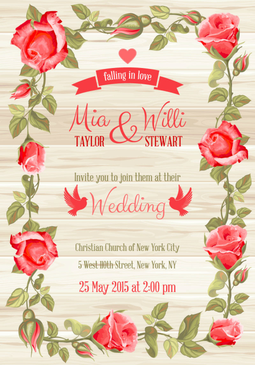 Red roses border wedding invitation card vector material