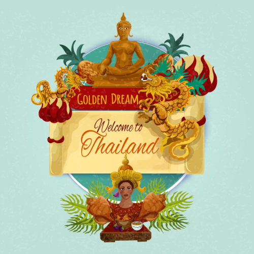 Thailand Buddha and dragon travel tag vector material