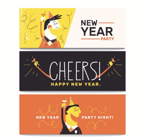 3 color New Year party banner vector material