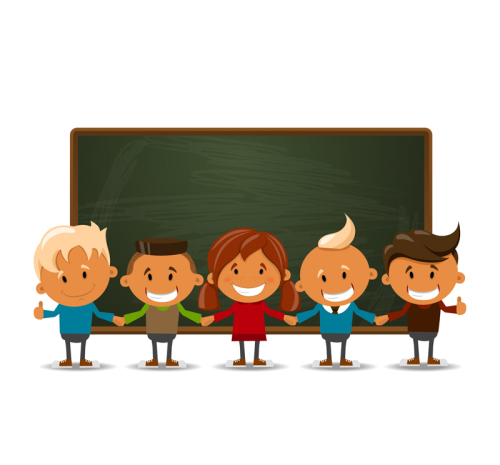 Five students before the blackboard Vector material