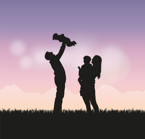 Happy family of four silhouette vector material