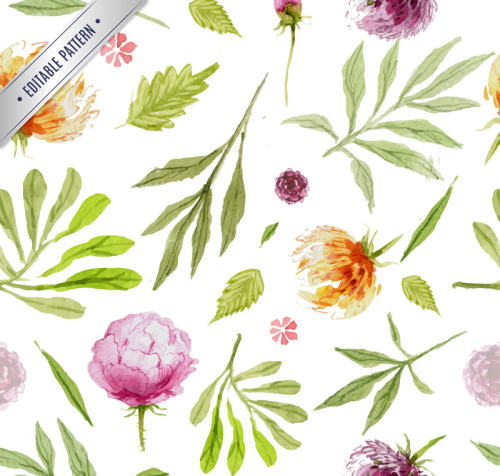 Watercolor leaves and flowers seamless background vector